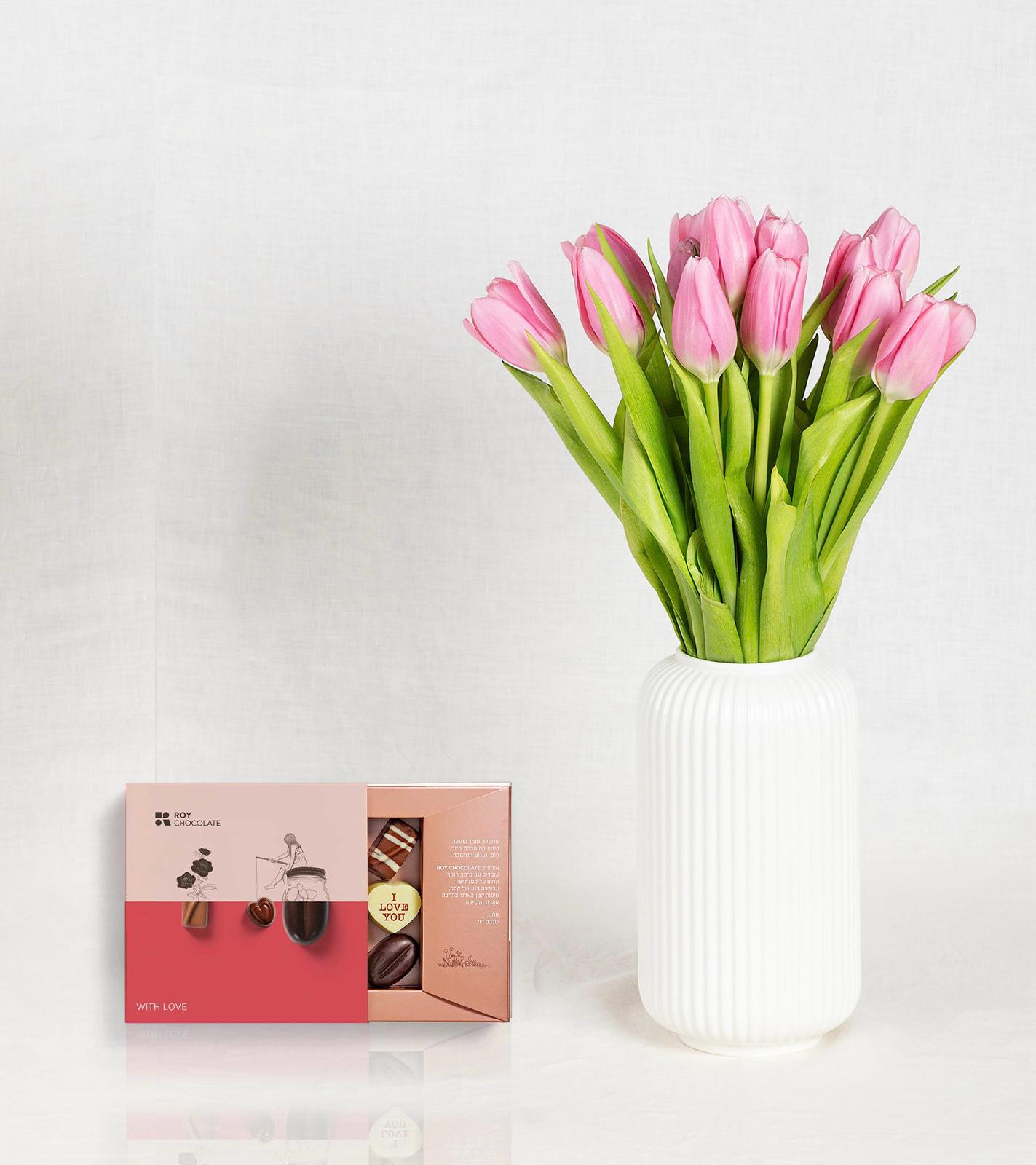 באנץ' 15 טוליפים ורודים עם שוקולד